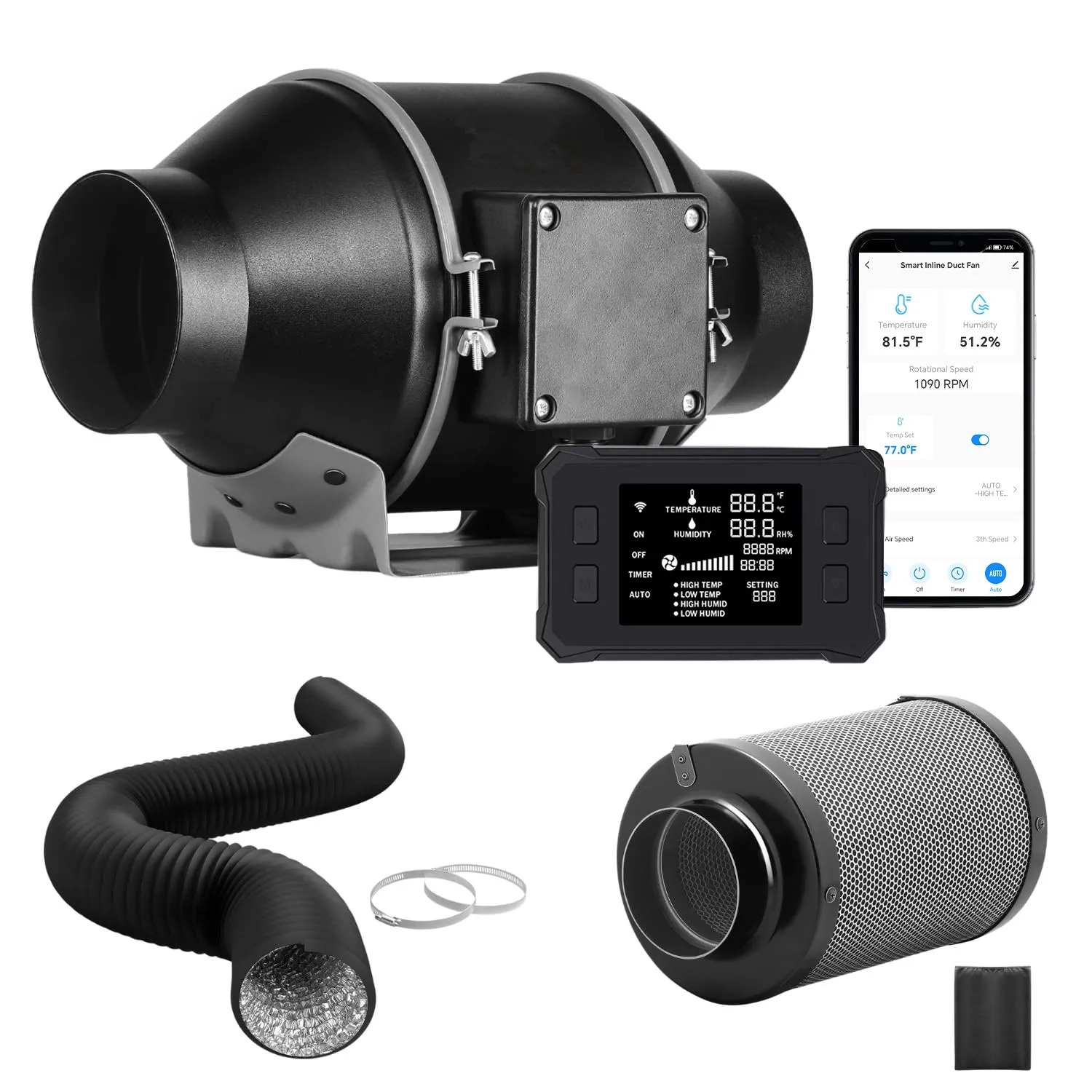 Carbon Filter Inline - BAVA 4インチ環境保護素材静音ECモーターインラインダクトファンWiFiアプリ制御カーボンフィルターベンチレーションに適用